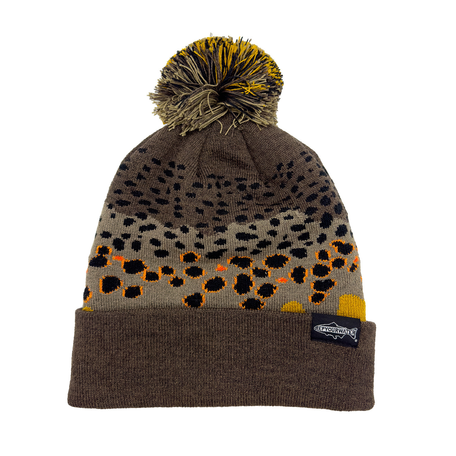 RepYourWater Knit Hat Merino Blend, Pom Pom Brown Trout Skin